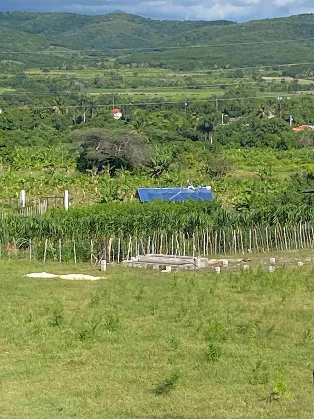 El valle verde con sus campos y las montañas al fondo